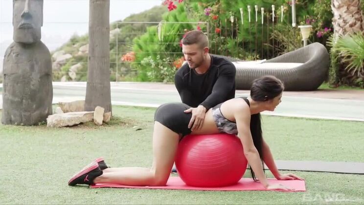 Lavana Lou takes two cocks deep - exercise ball pounding