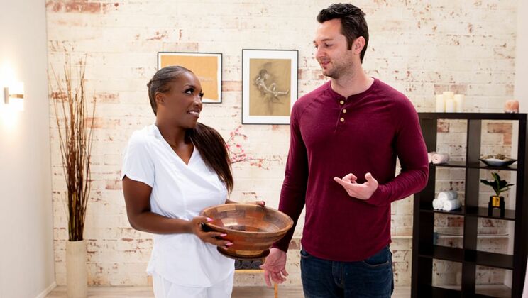 [NuruMassage] - Natural Tits Ebony Girl Titty Fucks White Guy - Daya Knight - Brad Sterling