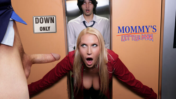 Elevator Trap: Vanessa Cage Gets Blowjob and Facial from Two